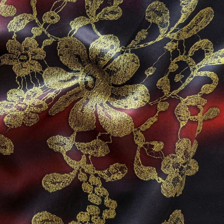Elegant Gold Metallic Floral Mottled Mahogany Silk Satin Charmeuse (Made in Italy)