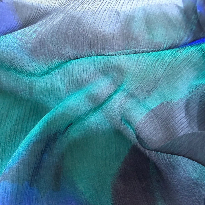 Semi-Sheer Cobalt & Pine Cool Glen Crinkled Silk Chiffon (Made in Italy)