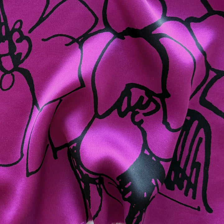 Loose Scrawled Floral on Deep Magenta Silk Satin Charmeuse (Made in Italy)