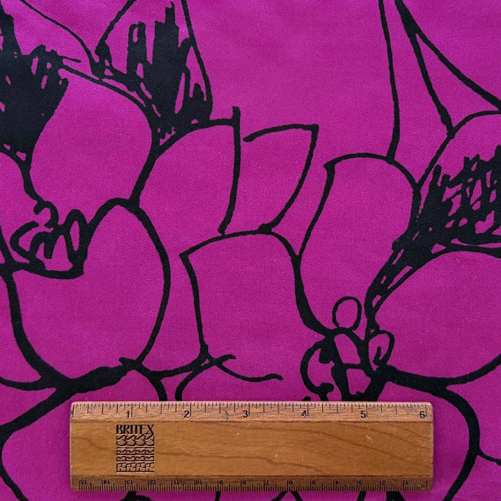Loose Scrawled Floral on Deep Magenta Silk Satin Charmeuse (Made in Italy)