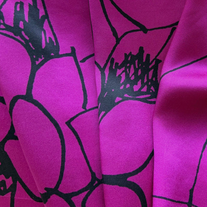 Loose Scrawled Floral on Deep Magenta Silk Satin Charmeuse (Made in Italy)