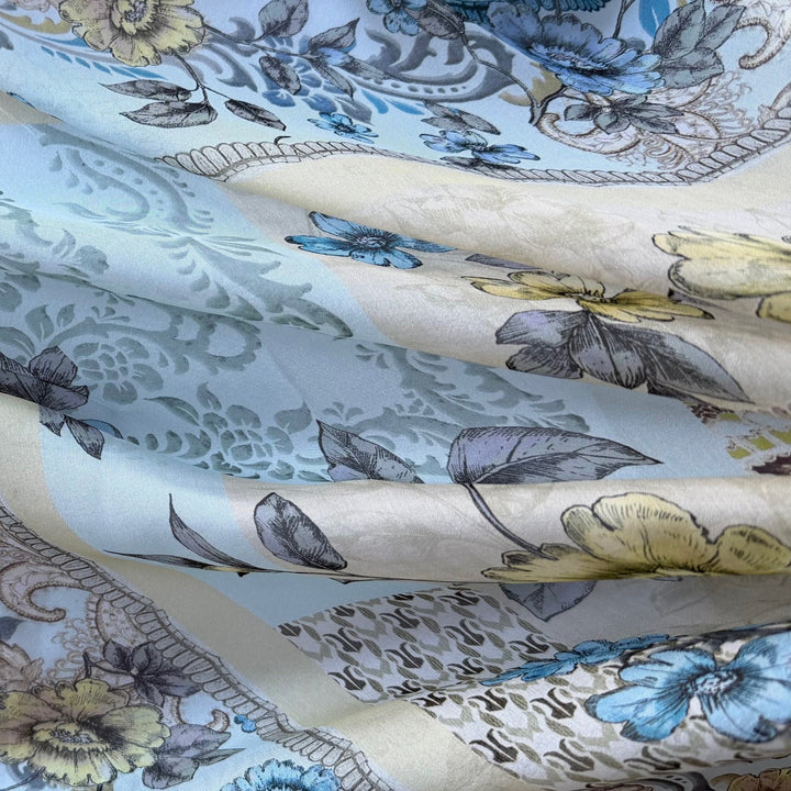 54" Panel - Baby Blue Botanical Semi-Sheer Silk Chiffon Border Print (Made in Italy)