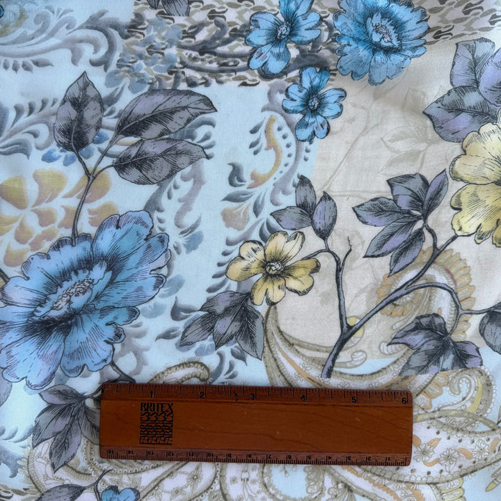 54" Panel - Baby Blue Botanical Semi-Sheer Silk Chiffon Border Print (Made in Italy)