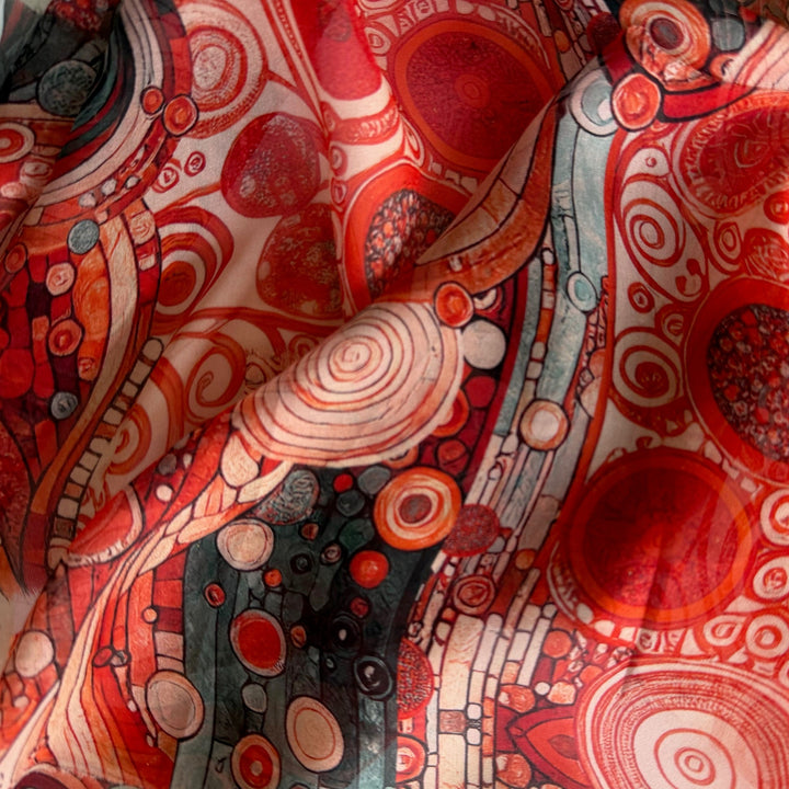 Hundertwasser-Inspired Vermilion Swirl Silk Chiffon (Made in Italy)