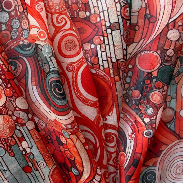 Hundertwasser-Inspired Vermilion Swirl Silk Chiffon (Made in Italy)