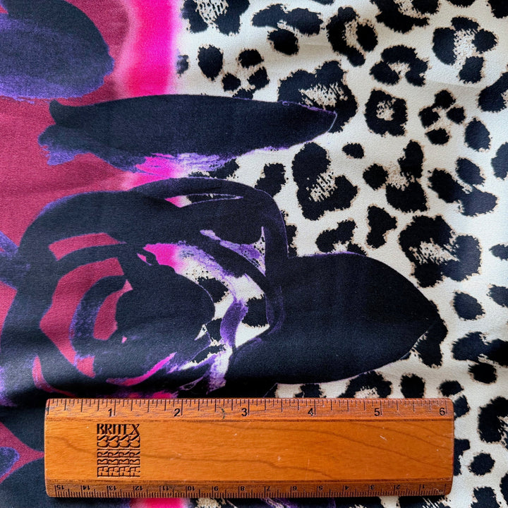 63" Panel - Colb Designer Fuchsia & Grape Bordered Leopard Rosettes Stretch Silk Satin Charmeuse (Made in Italy)