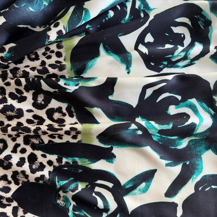 63" Panel - Colb Designer Kiwi & Persian Turquoise Bordered Leopard Rosettes Stretch Silk Satin Charmeuse (Made in Italy)