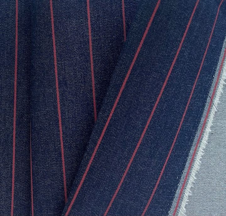 Mid-Weight Apple Red Striped Stretch Cotton Denim Twill (Made in Italy)