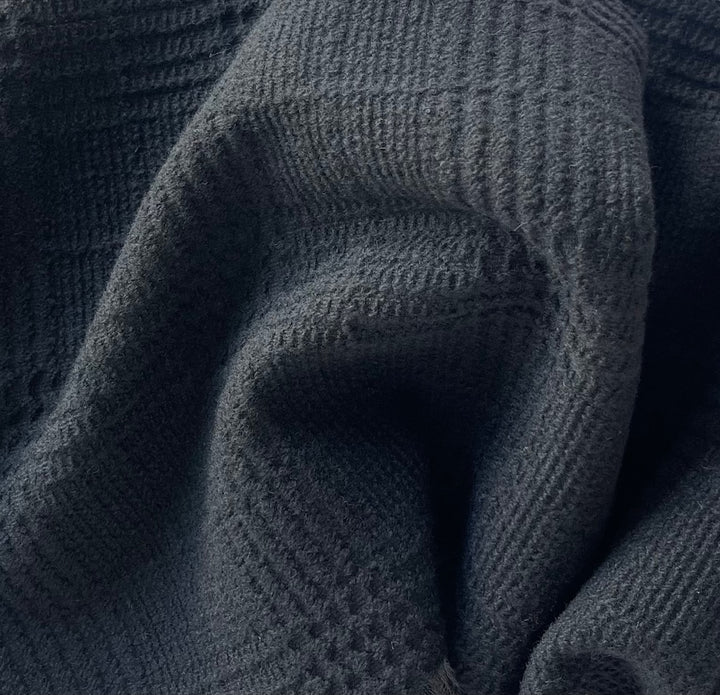 Mid-Weight Soft Black Tone-on-Tone Textured Plaid Wool Blend Made in Italy)