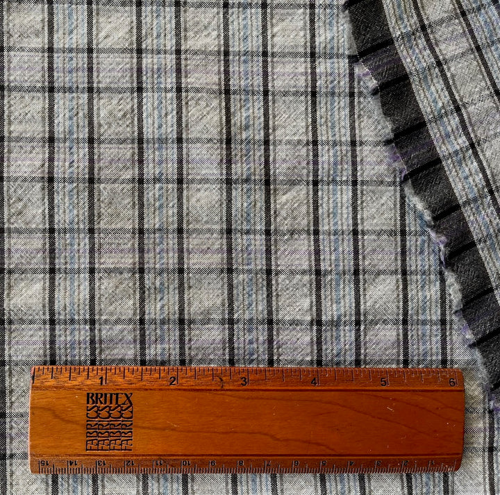Unique Pearl Grey, Lavender & Sky Blue Plaid Wool Seersucker (Made in Italy)