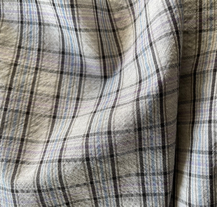 Unique Pearl Grey, Lavender & Sky Blue Plaid Wool Seersucker (Made in Italy)