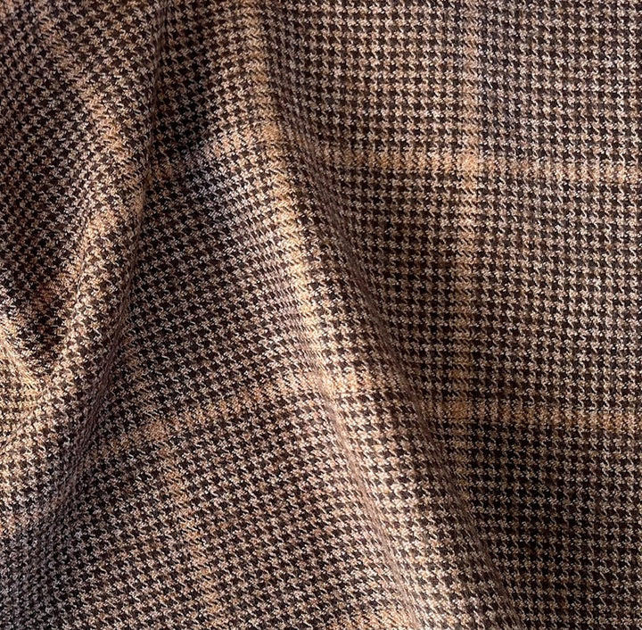 Lighter-Weight Mocha Houndstooth Windowpane Plaid Virgin Wool Flannel (Made in Italy)