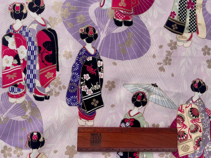 Elegant Women in Kimonos on Petal Pink Quilting Cotton (Made in Japan)