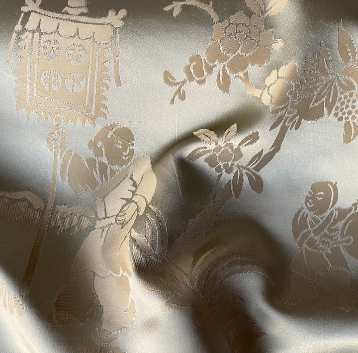 Asian Toile Sea Glass Mist Silk Satin Brocade Jacquard