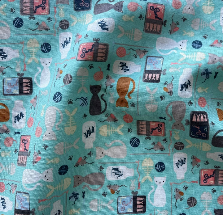 Kitty Kats Favorite Things Aqua Quilting Cotton (Made in Japan)