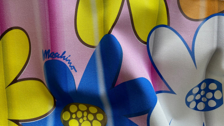Signature Moschino Stylized Blooms Stretch Cotton Denim Twill (Made in Italy)