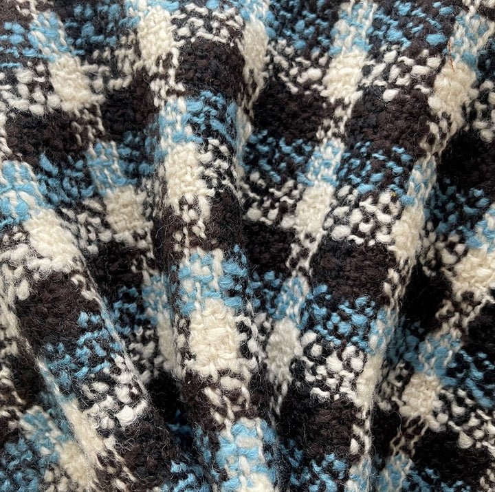 Mid to Heavyweight Checked Bittersweet Chocolate & Sky Blue Wool Bouclé (Made in Italy)