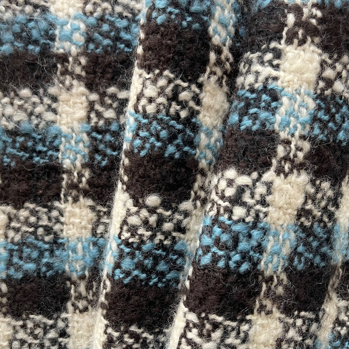 Mid to Heavyweight Checked Bittersweet Chocolate & Sky Blue Wool Bouclé (Made in Italy)