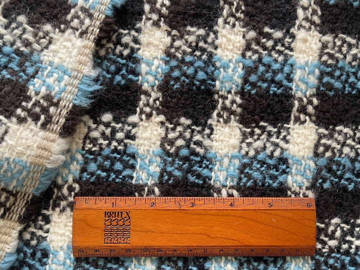 Mid to Heavyweight Checked Bittersweet Chocolate & Sky Blue Wool Bouclé (Made in Italy)