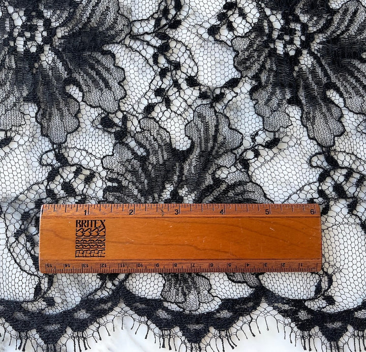 Exquisite Storm Black Scalloped Chantilly Lace Fabric (Made in France)