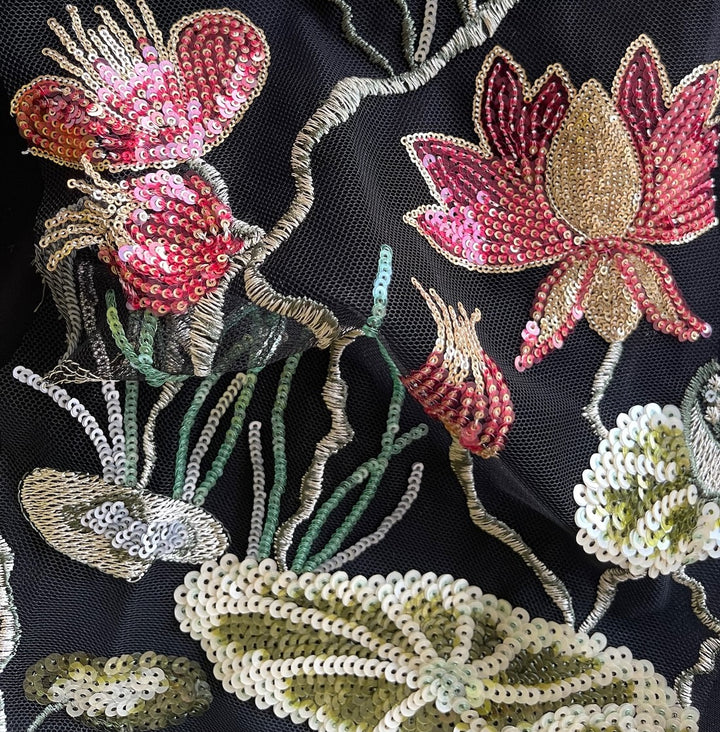 Sequined & Embroidered Lily Pads Black Tulle (Made in Korea)