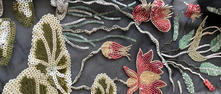 Sequined & Embroidered Lily Pads Black Tulle (Made in Korea)