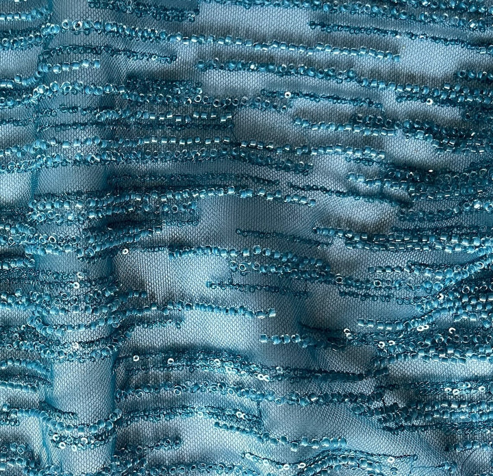 Exquisite Stratified Seaside Teal Sequined & Embroidered Nylon Blend Tulle (Made in Korea)