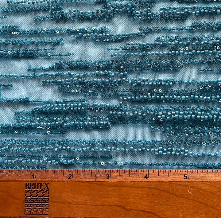 Exquisite Stratified Seaside Teal Sequined & Embroidered Nylon Blend Tulle (Made in Korea)