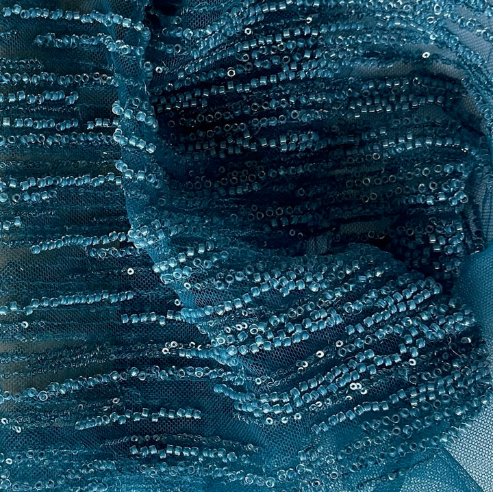 Exquisite Stratified Seaside Teal Sequined & Embroidered Nylon Blend Tulle (Made in Korea)