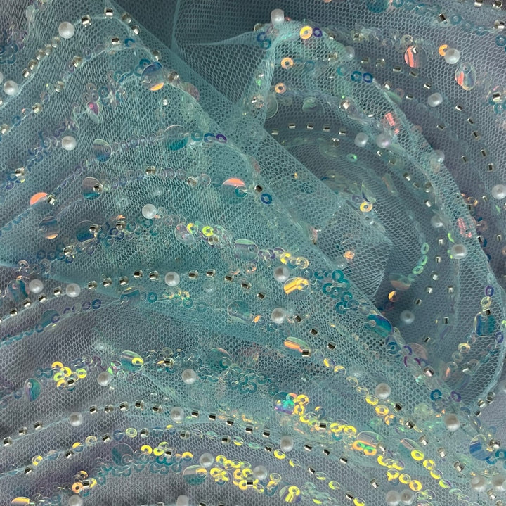 Magical Mermaid Sequined, Pearled & Beaded Nylon Blend Mesh (Made in Korea)