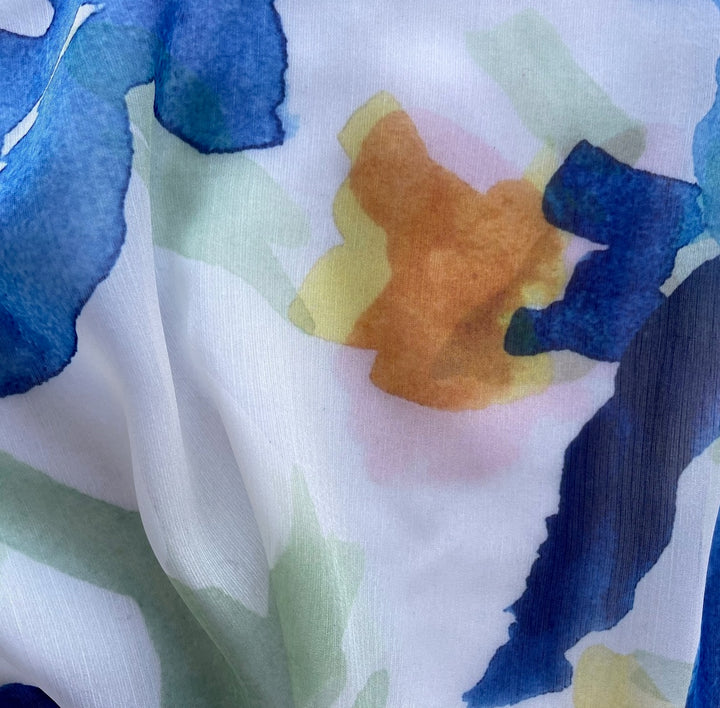 Semi-Sheer Abstract Cobalt & Butterscotch Crinkled Polyester Chiffon