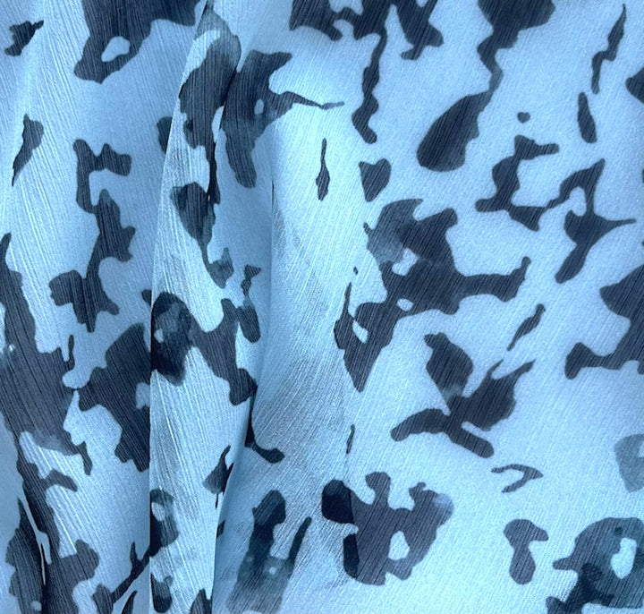 Semi-Sheer Raven Splatters on Light Sky Blue Crinkled Polyester Chiffon