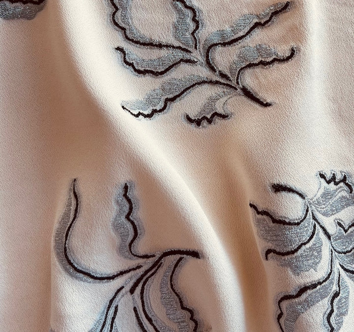 Embroidered Ruffled Leaves Metallic Silver & Apricot Rayon Viscose Crepe (Made in Italy)