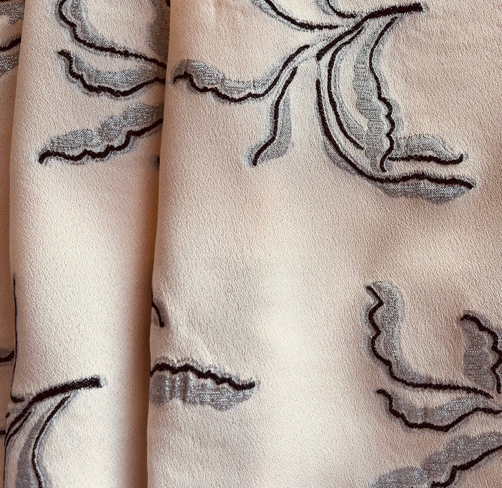 Embroidered Ruffled Leaves Metallic Silver & Apricot Rayon Viscose Crepe (Made in Italy)