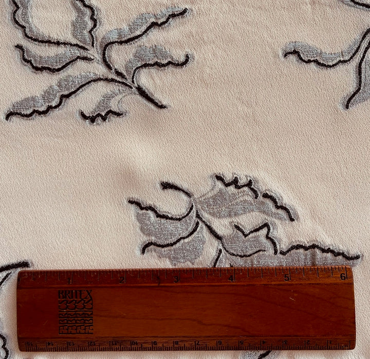 Embroidered Ruffled Leaves Metallic Silver & Apricot Rayon Viscose Crepe (Made in Italy)