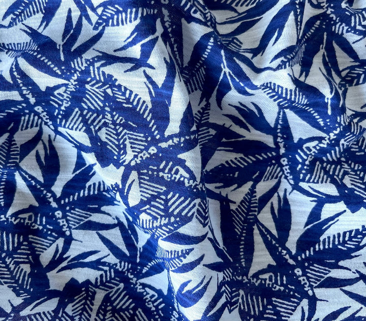 Cobalt Bamboo Leaves Cotton Tissue Jersey Knit (Made in Japan)