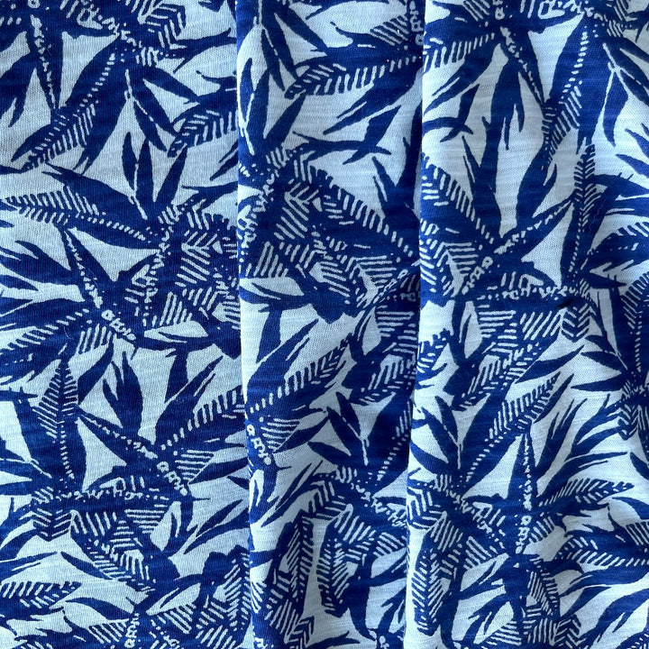 Cobalt Bamboo Leaves Cotton Tissue Jersey Knit (Made in Japan)