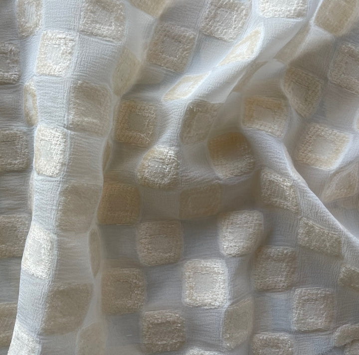 Semi-Sheer Cream Checks Silk Blend Chenille Fil Coupé Chiffon (Made in Italy)