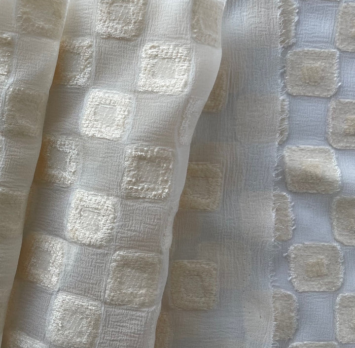 Semi-Sheer Cream Checks Silk Blend Chenille Fil Coupé Chiffon (Made in Italy)