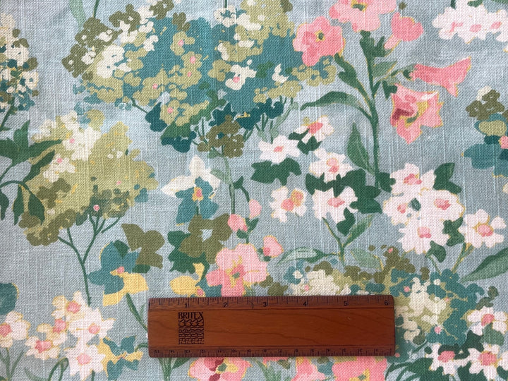 Aquamarine Sweet Flower Bed  Linen Blend (Made in England)