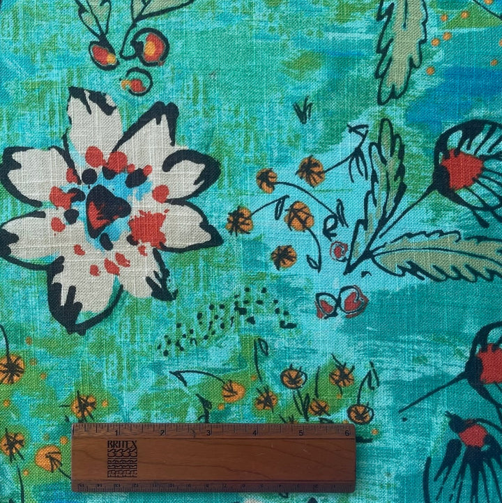 Danish Modern Floral Blue Lagoon Linen Blend (Made in England)