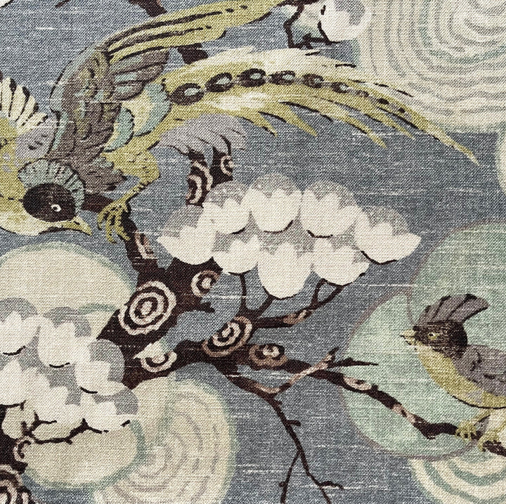 Kyomi Japanese Crested Birds Teal Cotton Canvas (Made in India)