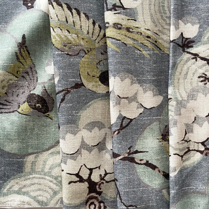 Kyomi Japanese Crested Birds Teal Cotton Canvas (Made in India)