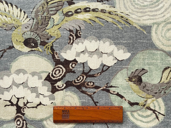 Kyomi Japanese Crested Birds Teal Cotton Canvas (Made in India)