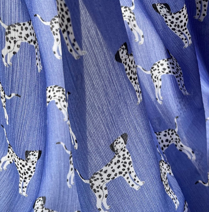 Semi-Sheer Posing Dalmatians Azure Crinkled Polyester Chiffon