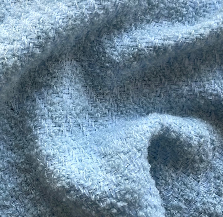 Designer Mid-Weight Sky Blue Subtle Houndstooth Virgin Wool Blend Bouclé (Made in Italy)