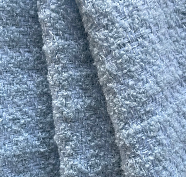 Designer Mid-Weight Sky Blue Subtle Houndstooth Virgin Wool Blend Bouclé (Made in Italy)