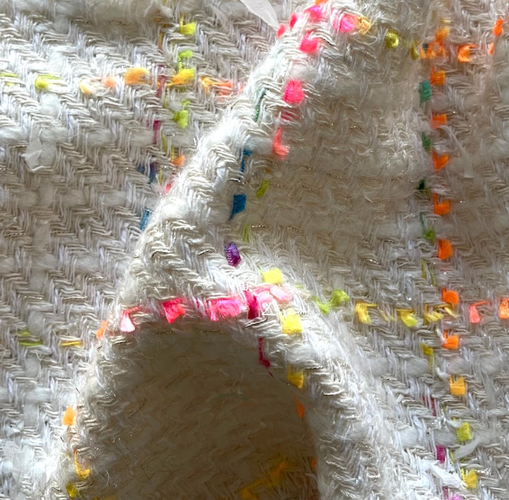 Summery Florescent Checked Off-White Cotton Blend Bouclé (Made in Italy)