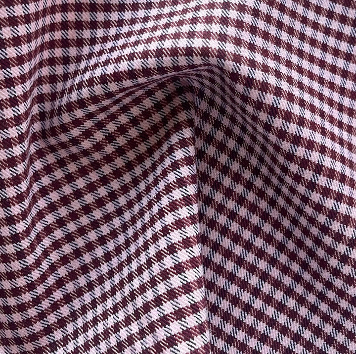 Mid-Weight Checked Crepe Pink, Sangria & Navy Stretch Wool Blend Twill (Made in Italy)
