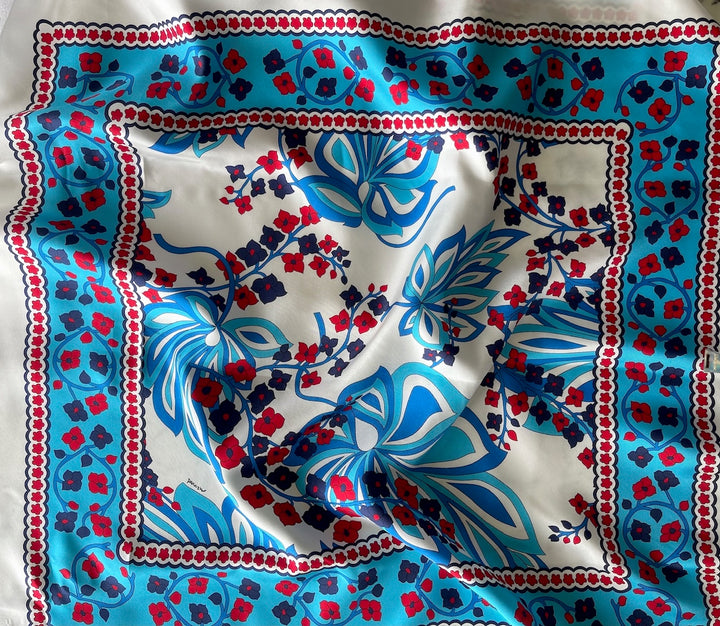 28" Panel - Signature Parosh Two Scarves Blueberry Summer Sky Silk Crepe de Chine (Made in Italy)